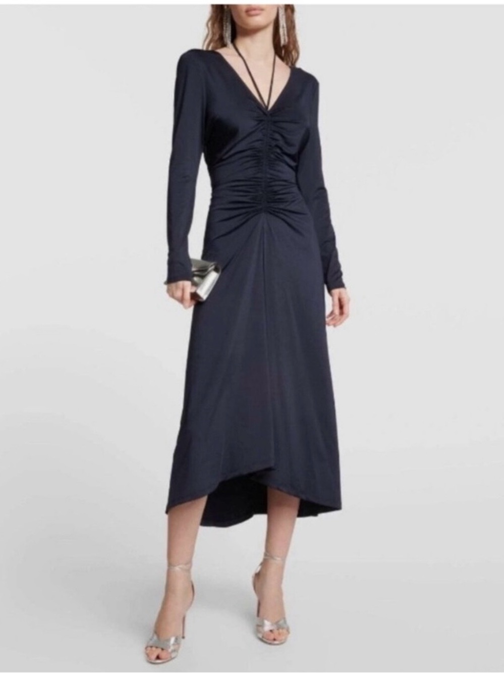 NWT Veronica Beard Gilbert Dress size 14 long Sleeve Ruched V-Neck Midi Navy